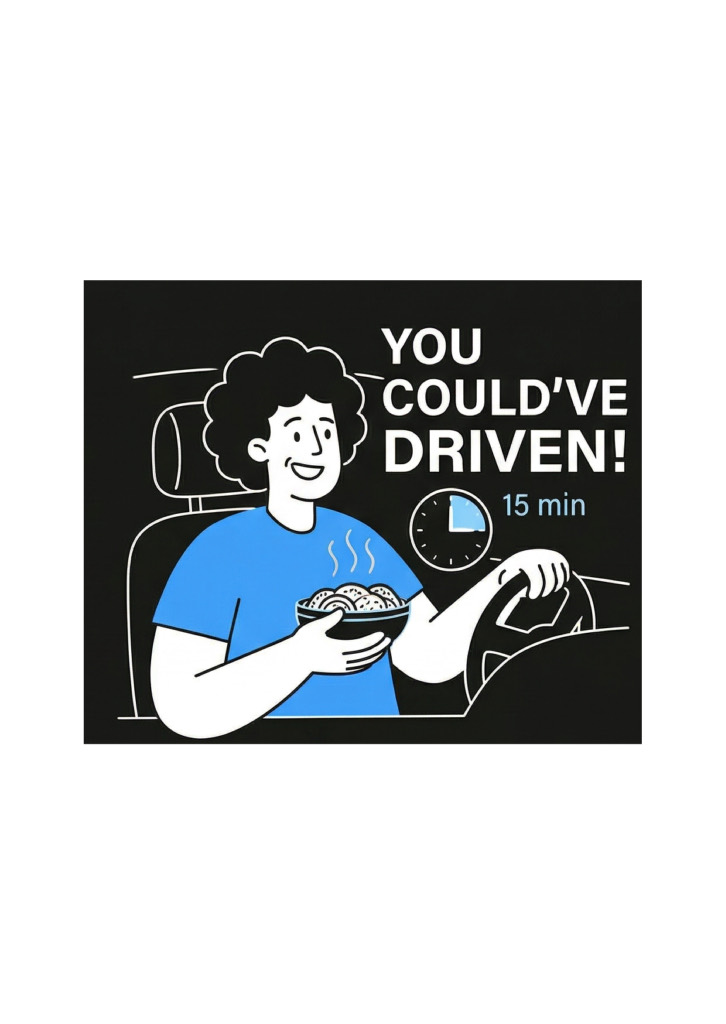 Person happily driving with fresh food